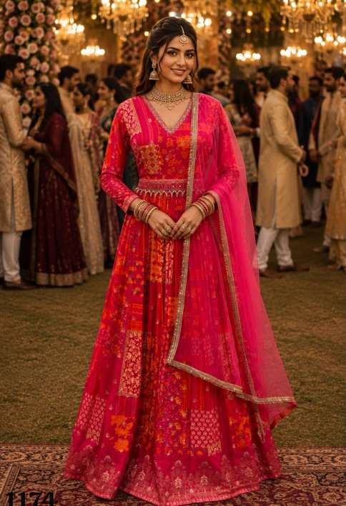 Pink Viscose Designer Gown with Embroidered and Print Work